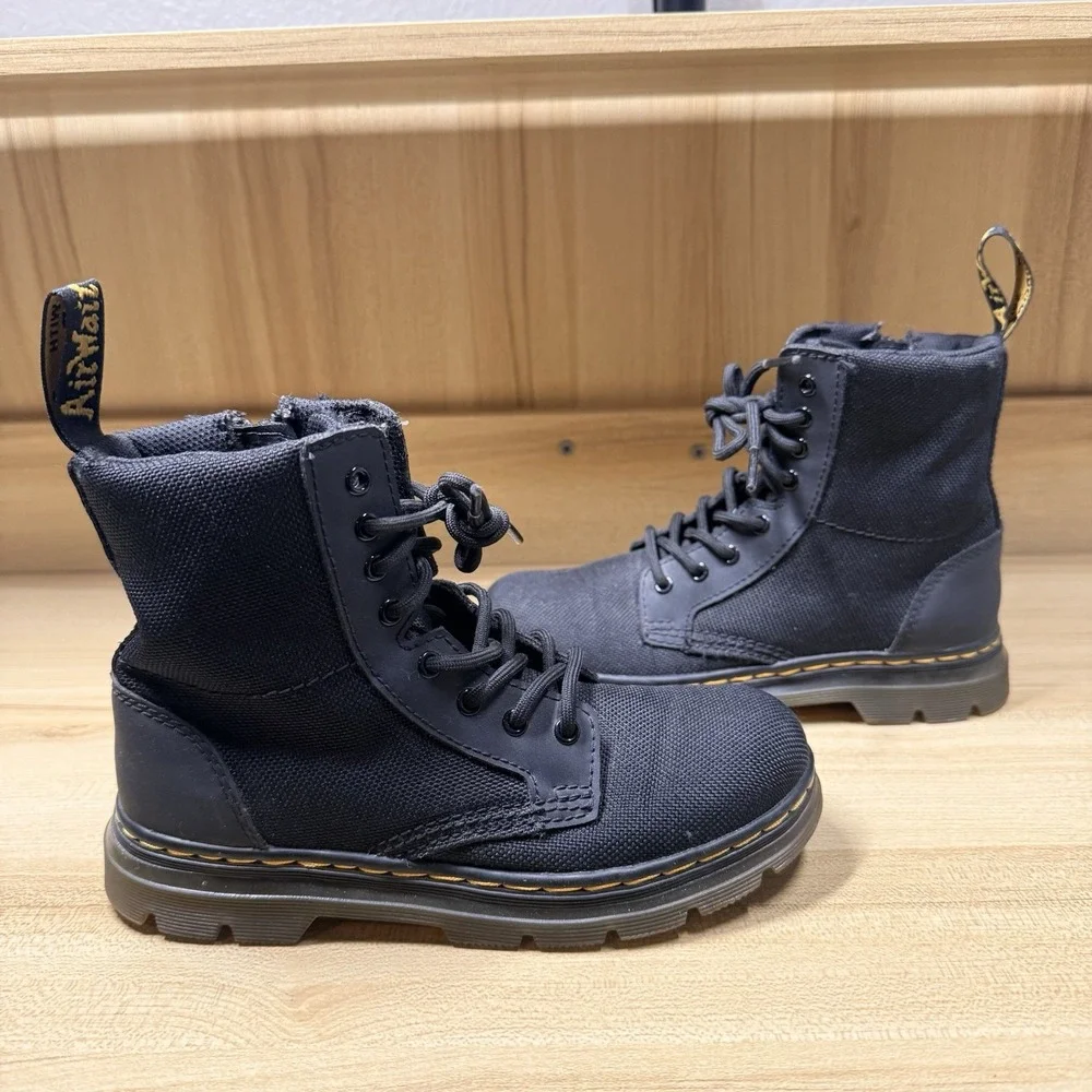 Dr. Martens Boots Doc Combs J Combat Lace Up Canvas Zip‎ Black Youth Kids Sz 1